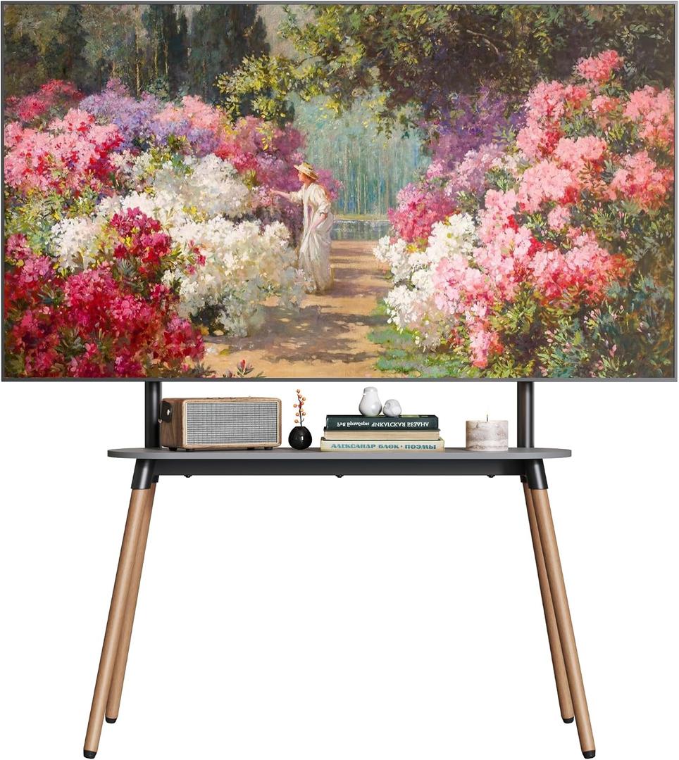 4-Leg Easel TV Stand for 49-86" TVs, 110 lbs, Black | Height-adjustable floor TV stand, storage shelf, cable management and protective pads for living room, office or school
