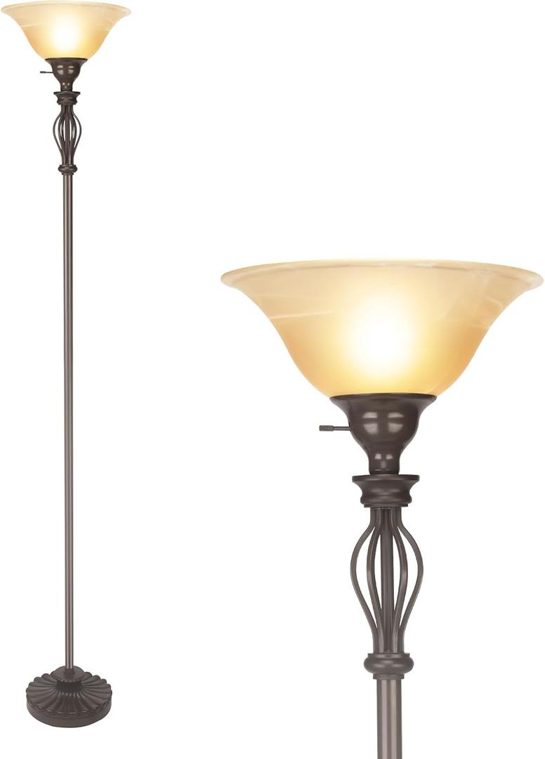 Torchiere Floor Lamps for Living Room, Standing Lamp with White Alabaster Glass Shade, Corner Floor Lamp Pole Lamp - Elegant Floor Lamp for Bedrooms with No Bulb (Brown)