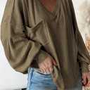 BTFBM Womens Fall Fashion 2025 Long Sleeve Shirts Casual V Neck Ribbed Knit Blouses Pullover Trendy Loose Fit Tunic Tops (Green, XL)