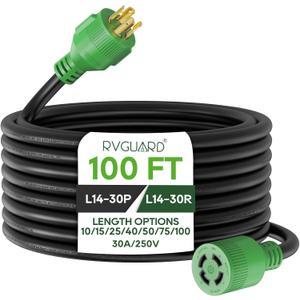 RVGUARD 4 Prong 30 Amp 100 Foot Generator Extension Cord, NEMA L14-30P/L14-30R, 125/250V Up to 7500W 10 Gauge SJTW Generator Cord with Cord Organizer, ETL Listed