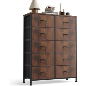 Sweetcrispy 10 Drawer Fabric Dresser Storage Tower with Bins, Tall Chest Organizer for Bedroom Closet Hallway, Steel Frame Wood Top Easy Pull Handles,Rustic Brown