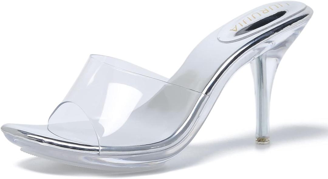 LIURUIJIA Clear Heels For Women Sexy Slip On Open Toe High Heeled Dressy Sandals Comfortable Strappy Mules (10.5, Silver)
