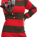 Halloween Costume Women Green And Red Striped Sweater Dress Hat Gloves Tattoo Horror Movie Nightmare Killer (M)