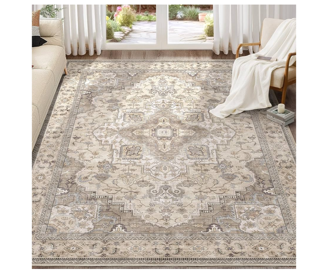 Washable Area Rugs for Living Room - 7x9 Neutral Vintage Distressed Floral Farmhouse Boho Large Soft Floor Rug Indoor Non Slip Carpet for Living Room Bedroom Dining Room Office -Brown/Multi