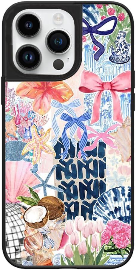 Case for iPhone 16 Pro, Trendy Aesthetic Preppy Coastal Beach Pattern Print, Glossy Hard PC Back Soft TPU Bumper, Slim Shockproof Anti-Scratch Cover for Teen Girls Women