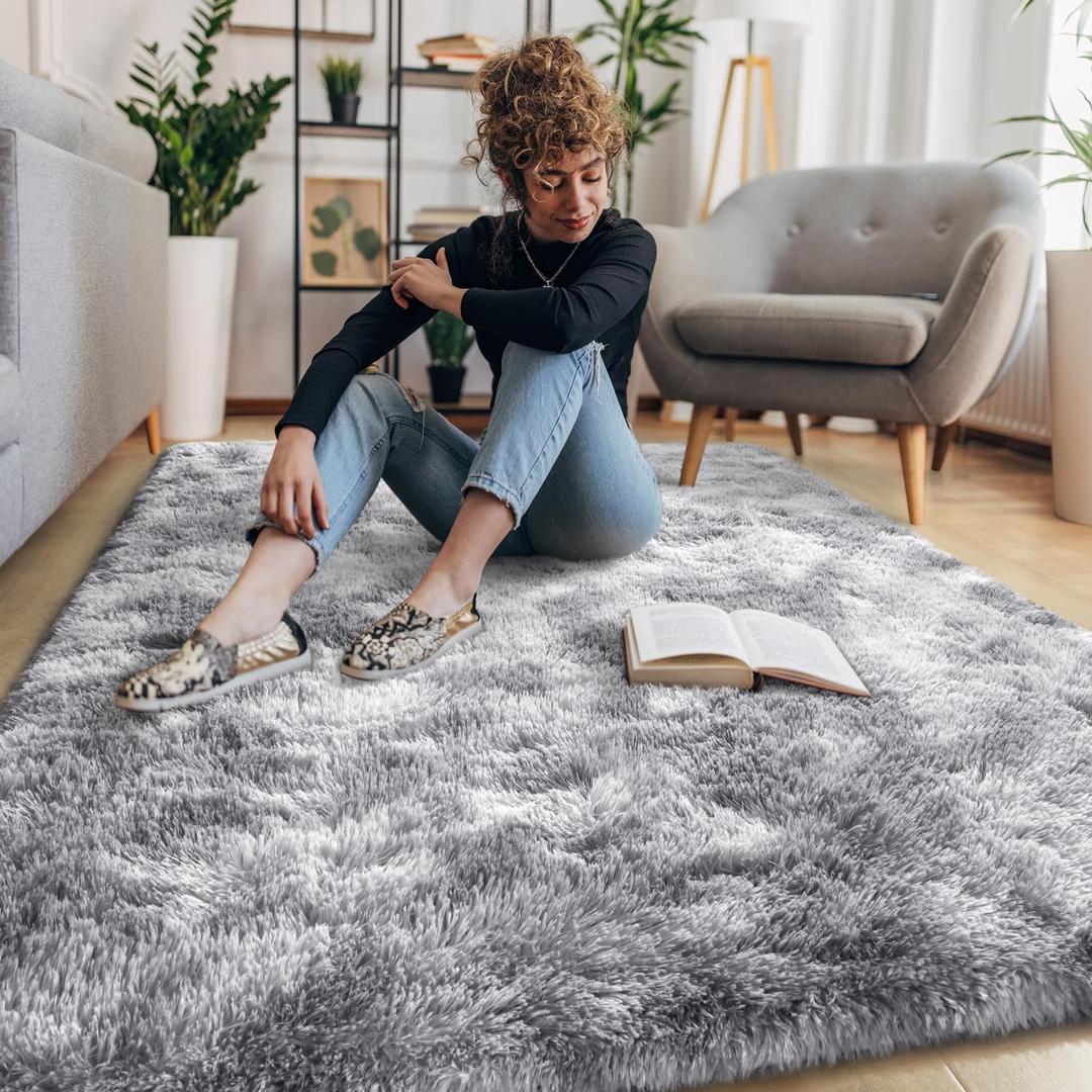 EVOIONOS Area Rug for Bedroom Living Room, Machine Washable 4x6 Fluffy Shag Rug, Soft Plush Non Slip Carpet for Indoor Floor Bedside Nursery Kids Room, Dorm, Home Decor Aesthetic, Tie-Dye Light Grey