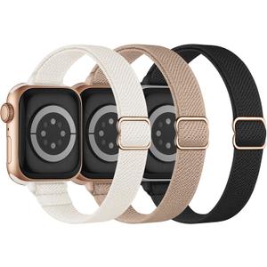 Slim Stretchy Band Compatible with Apple Watch Bands 40mm 41mm 42mm 38mm 44mm 45mm 46mm 49mm Women Men, Thin Skinny Elastic Nylon Solo Loop Strap for iWatch Series 10 9 8 7 6 5 4 3 11 Ultra SE 2/3 (Black/RoseGold/MilkTea)