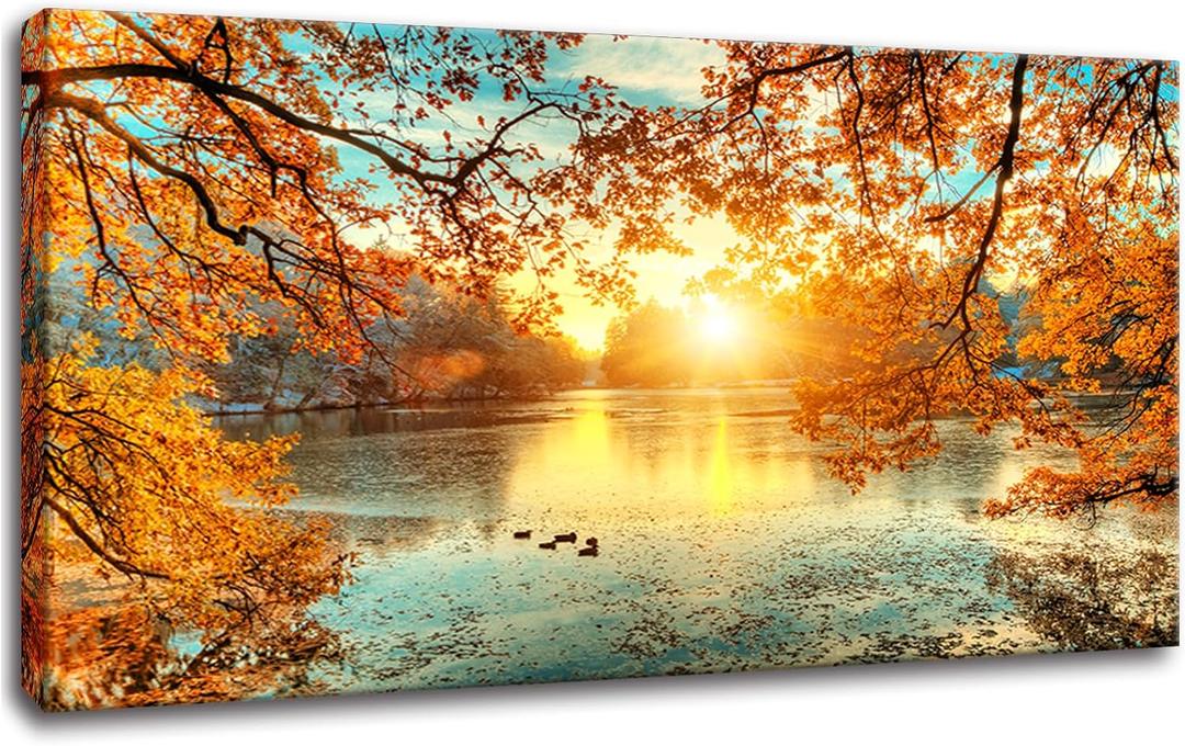 Yxbhhym-Landscape Tree Canvas Wall Art Fall Forest Sunset Wall Decor Poster Lake Water Pictures for bedroom wall dcor Natural Scenery Paintings Artwork Large Living Room Decor Home Office Decoration, 60"L x 30"W