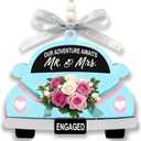 6 x Valentines Day Engagement Gift for Couples  Our Adventure Awaits Wooden Car Hanging Ornament, Just Engaged Keepsake for Future Mr & Mrs, Romantic Bride to Be Gift (Blue)