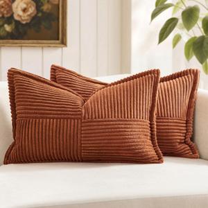 MIULEE Dark Rust Fall Decorative Lumbar Throw Pillow Covers for Couch Bed Livingroom 12x20 Inch Set of 2 Boho Accent Throw Pllows Broadside Striped Patchwork Soft Corduroy Pillowcases