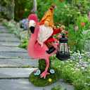 Gnomes Flamingo with Solar Lantern, Whimsical Decor for Garden, Yard, Patio, Lawn, LED Lights - Unique Gift for Women, Mom, Friends(Red Gnomes)