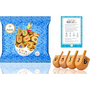 10-Pack Natural Wood Dreidels Hanukkah Draydel with English Transliteration & Instruction Cards