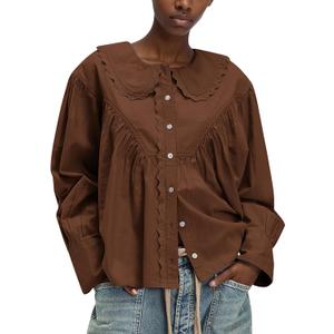 2 x HOCANDY Peter Pan Collar Shirt Women Button Down Blouses Cute Business Casual Long Sleeve Loose Shirred Lace Trim Shirts Brown (Brown, M)