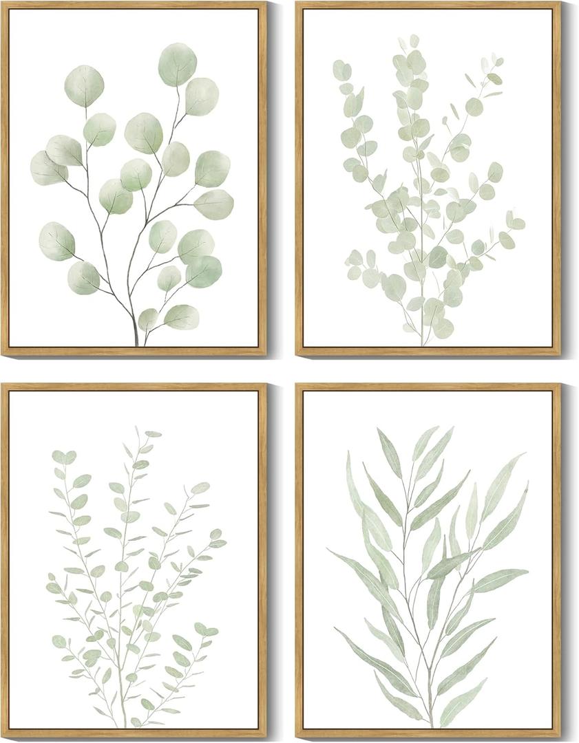 Drsoum Botanical Plant Framed Wall Art Boho Wall Decor for Bathroom Sage Green Eucalyptus Leaf Prints Minimalist Aesthetic Ready to Hang Set of 4, 11x14 in (Natural Framed)