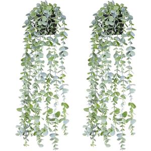 Fake Hanging Plants Eucalyptus Potted Artificial Plant Small Faux Ivy Vines Decor for Floating Shelf Kitchen Bathroom Cabinets Indoor Outdoor Pack of 2 23.6 Inches Long