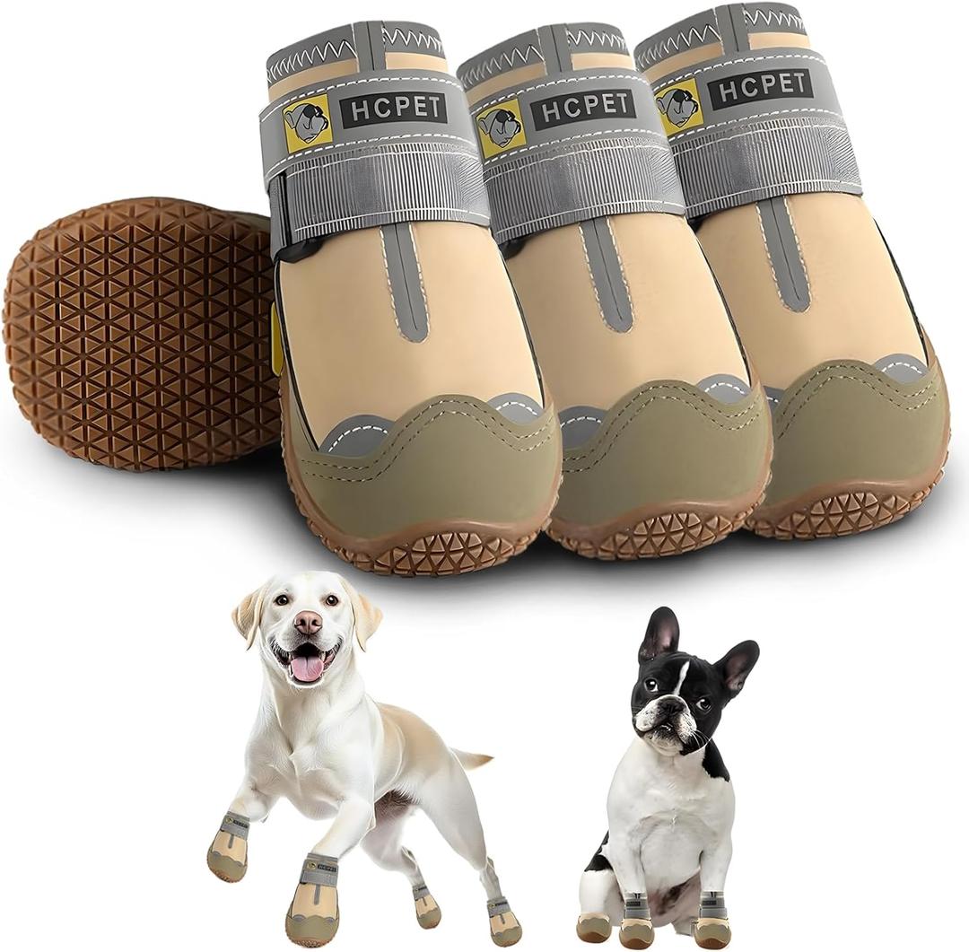 Hcpet Dog Shoes for Large Dogs, Waterproof Dog Booties for Small Medium Dogs, Anti-Slip Dog Boots & Paw Protectors for Hot Pavement Winter Snow Hiking with Reflective Straps Khaki Size 4 (#4 (Width 1.96 inch) for 36-43 lbs)
