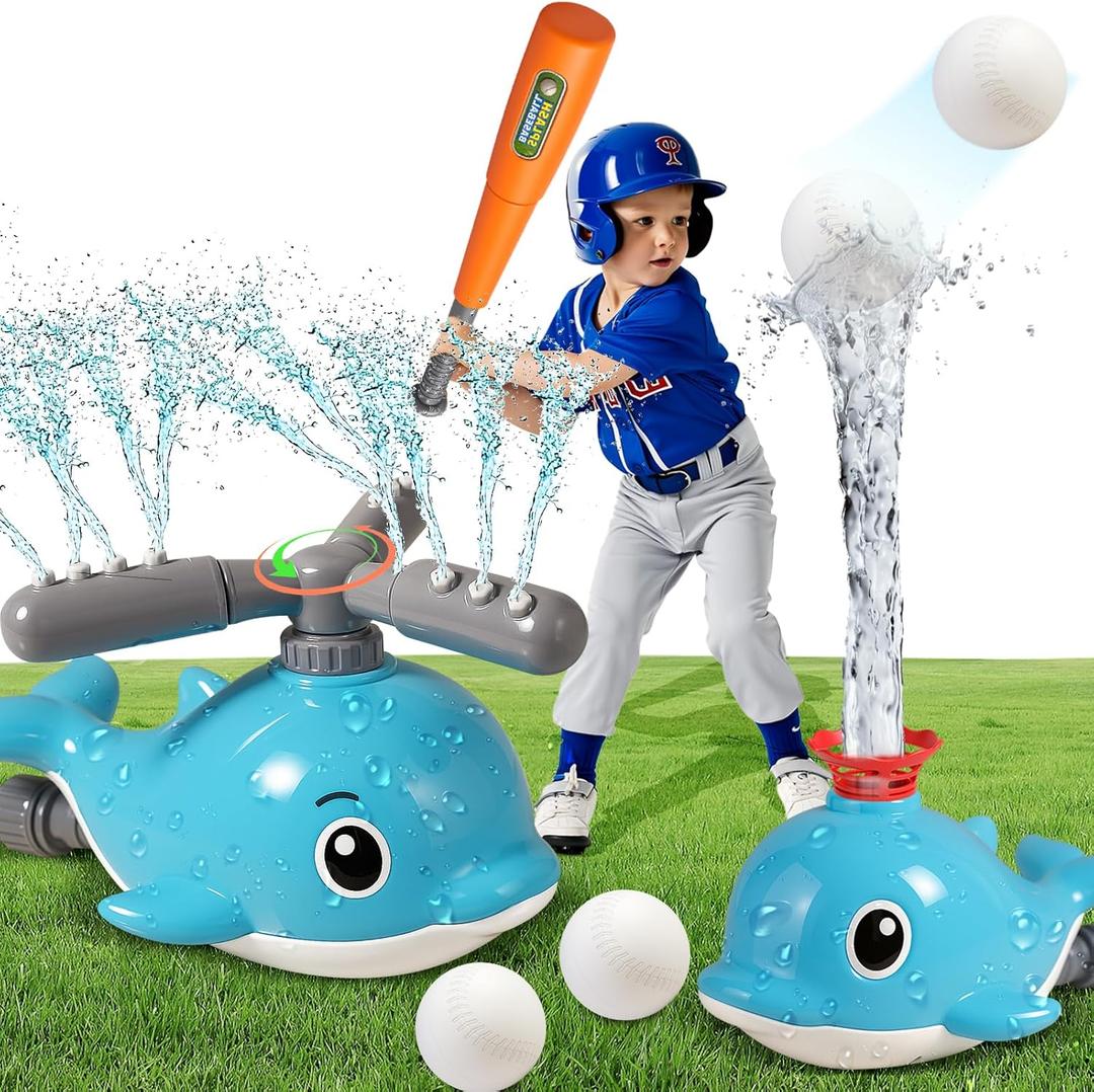 2 in 1 Water Sprinkler Baseball Toy Set for Kids  Whale Shaped Outdoor T-Ball Game & Spinning Splash Toy, Summer Backyard Water Play for Toddlers and Children Ages 3+