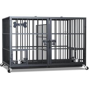 aboxoo 48/42 inch XL Dog Crate for Large Dog/Double Medium Dogs,Heavy Duty Metal Dog Cages,All Metal Open Top,Dog Kennel Indoor with Wheels,Floor Grid, Tray, Divider and Feeding Bowl (Black)