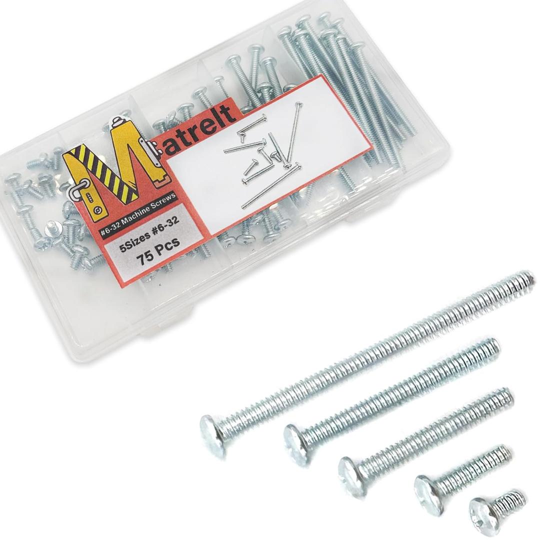75 Pcs 5Sizes #6-32 Machine Screws Knob Screw Cabinet Screws Electricians Blots, Carbon Steel Zinc-Plated Phillips Pan Head Machine Screw Assortment Kit