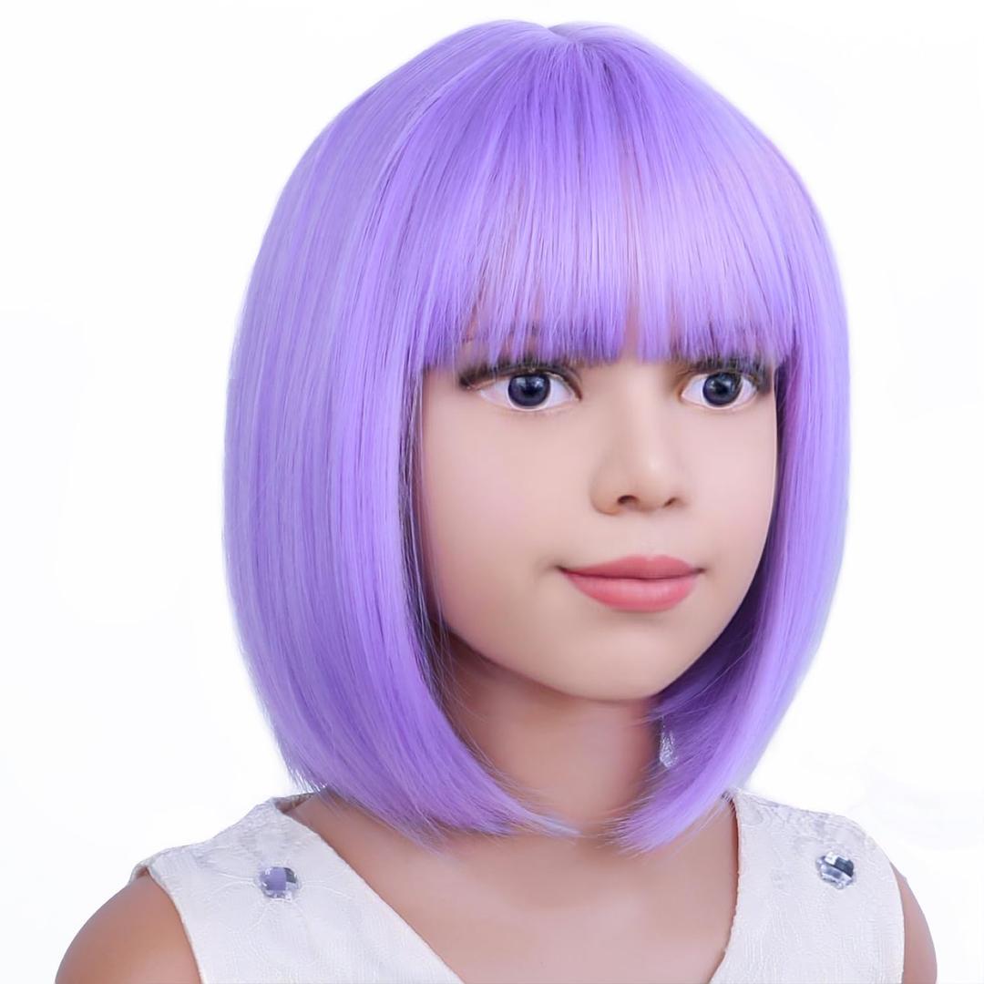Kids Purple Wig Child Bob Wig Short Light Purple Wigs for Girls Lavender Purple Bob Hair Cosplay Party Synthetic Rose Net Daily Wear Wigs