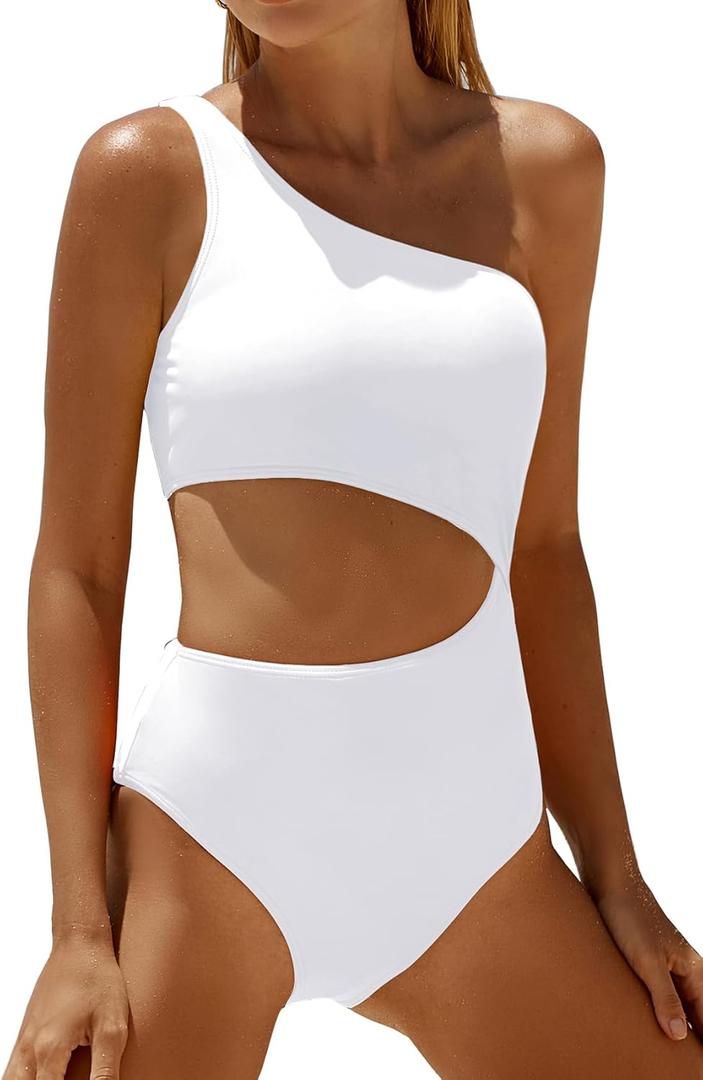 Women's One Piece Swimsuit- One Shoulder Bathing Suit Cutout Tummy Control Swimwear (Medium, White)