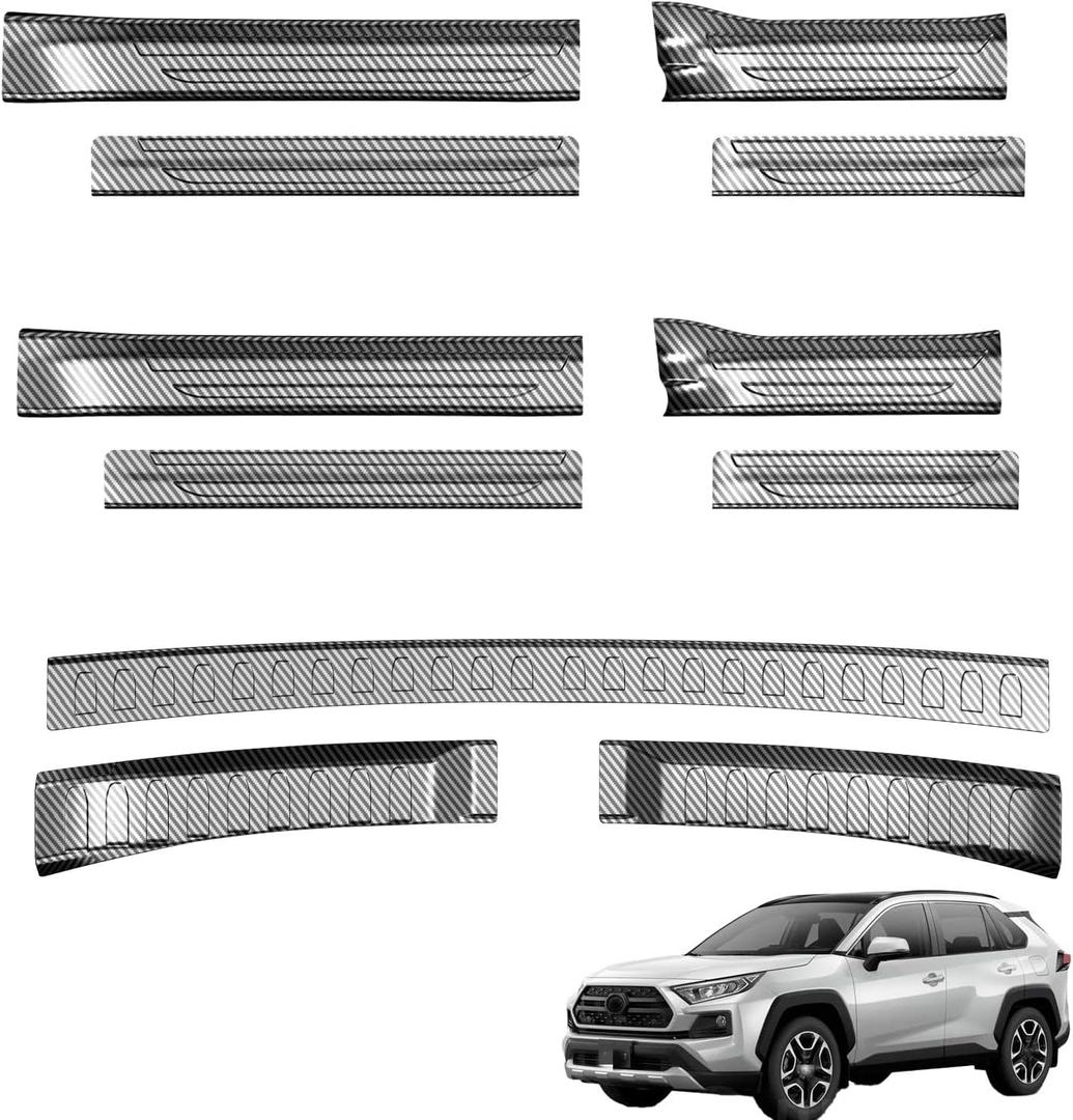 Door Sill & Rear Bumper Protector Compatible with Toyota RAV4 2019-2025: TPE Trunk Sill Cover Protector Replacement for Toyota RAV4 Accessories, Carbon Fiber Pattern (8PCS Door Sill +3PCS Trunk Sill)