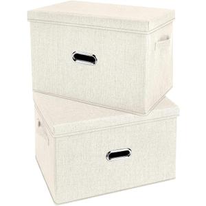 Large Linen Fabric Foldable Storage Bins with Removable Lid and Handles, Washable Storage Box Organizer Containers Baskets Cube with Cover for Bedroom,Office(Cream, Extra Large(2-Pack))
