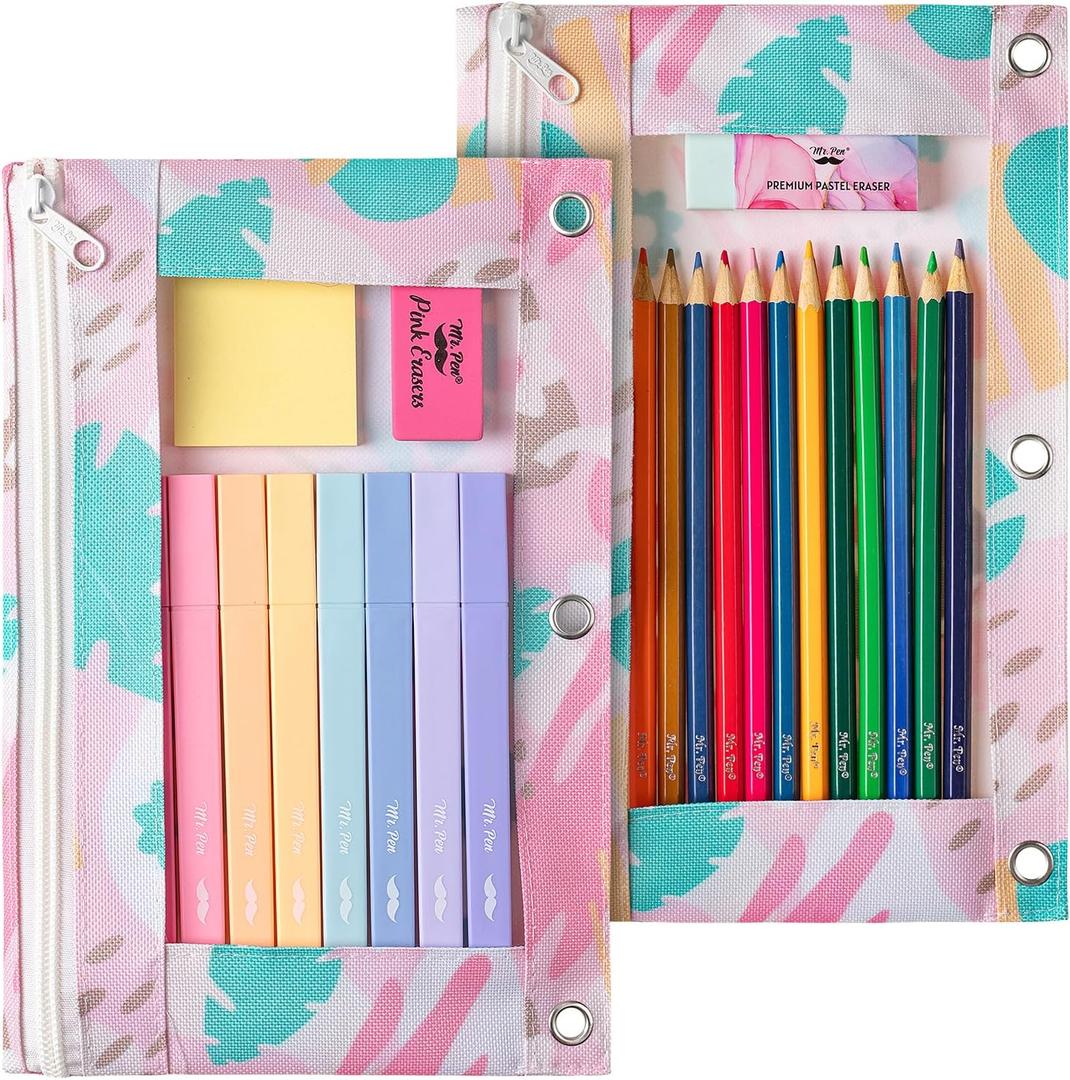 Mr. Pen- 2Pack Pencil Cases, Zipper Pouch for 3 Ring Binder (Tropical Leaves)