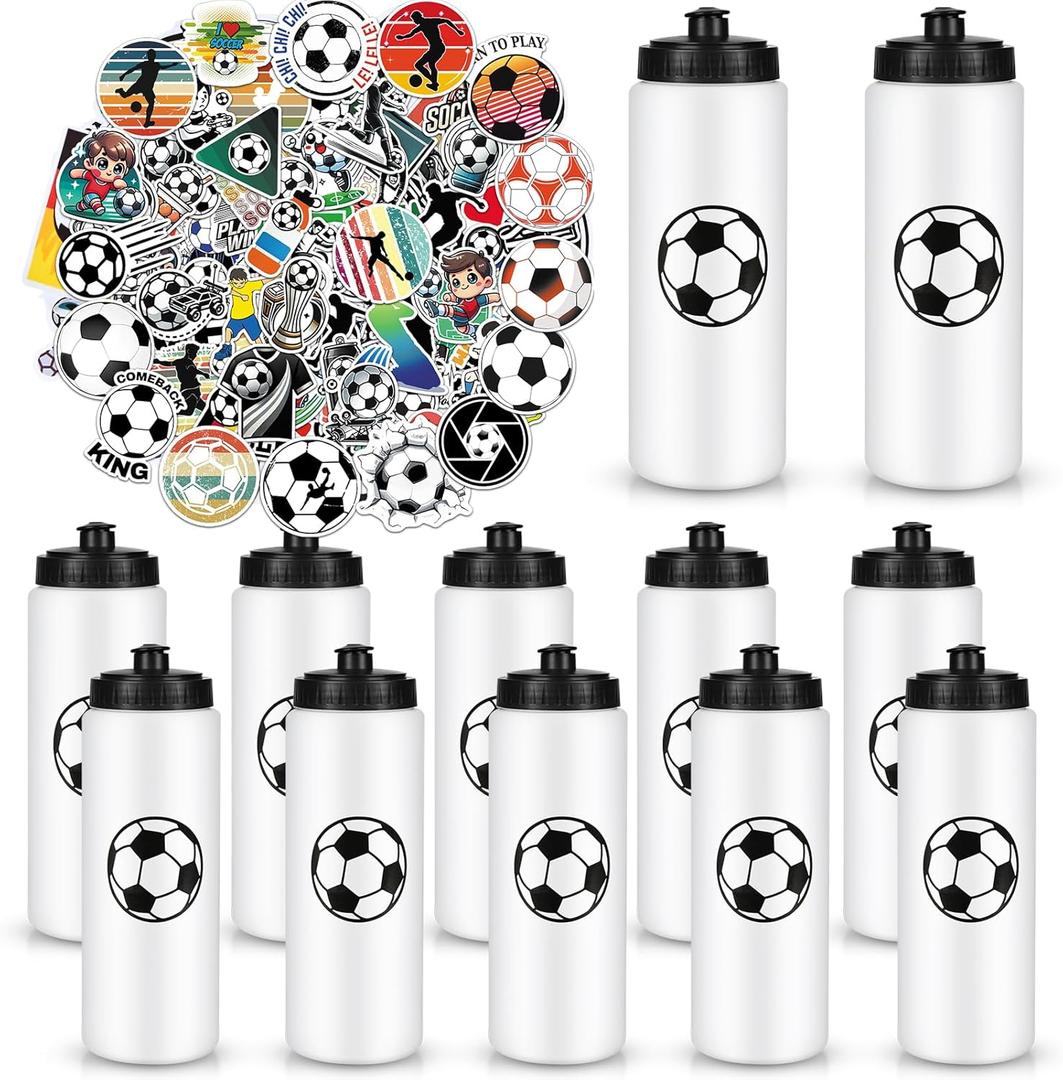 Soccer Party Favors, 12 Pack Soccer Water Bottles with 300 PCS Stickers, 20 oz Sports Squeeze Bottle, BPA-Free Reusable Water Bottles Bulk for Boys, Gifts For Team