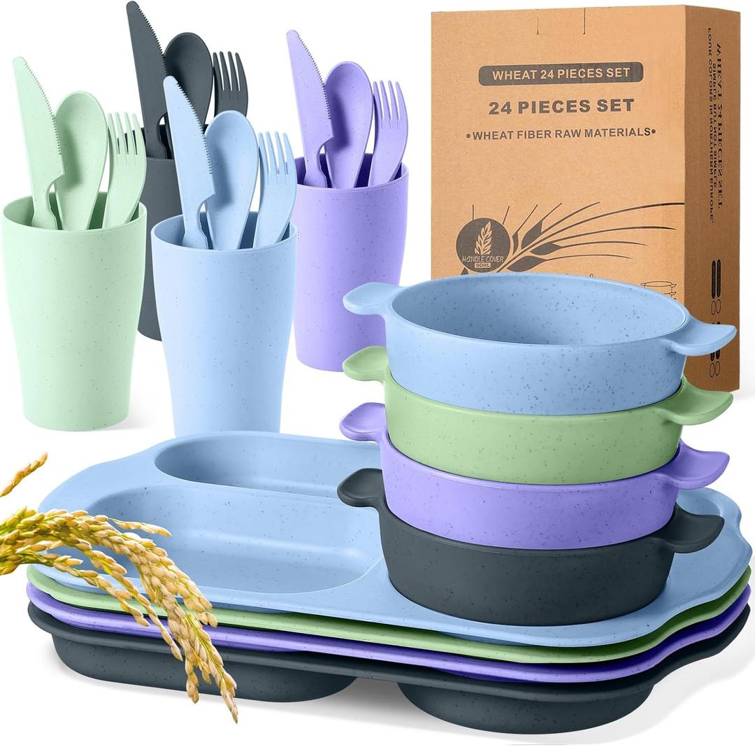 24 Pcs Wheat Straw Dinnerware Cutlery Set for Adult Including Divided Plates Microwave Dishwasher Safe Bowl Unbreakable Tableware Straw Cutlery Spoon Knife Fork(Assorted Color)
