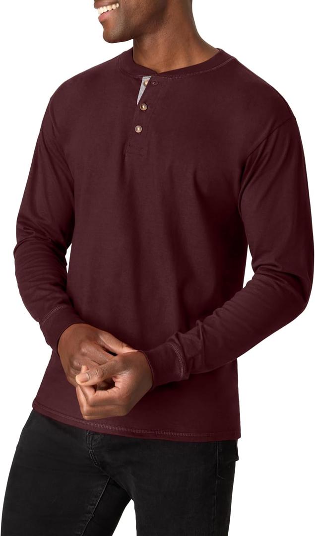 Hanes Mens T-Shirts, Men's Beefyt Henley Shirts, Men's Cotton Long Sleeve Shirts (X-Large, Mulled Berry)