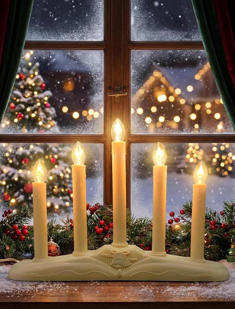 Pallerina Window Candles for Christmas, Battery Operated or Electric LED Flameless Taper Candlesticks with Timer and Sensor for Holiday Home Window Decoration, Ivory Base, 5-Light Set