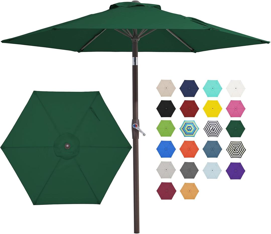 JEAREY 7.5FT Patio Umbrella Outdoor Market Umbrella with 6 Sturdy Ribs, Push Button Tilt/Crank Table Umbrella for Garden, Deck, Backyard and Pool, Dark Green