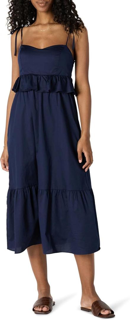 Amazon Essentials Women's Fit and Flare Empire Waist Sweetheart Neck Cotton Sateen Tiered Maxi Dress