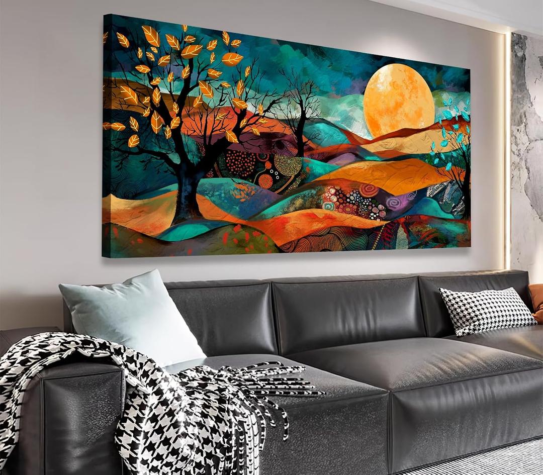 VEAEE Abstract Mountain Wall Art,Mid-Century Modern Canvas Prints,Boho Wall Decor,Moon Nature Artwork Watercolor Landscape Painting for Bathroom Bedroom Living Room Home Decor Framed 20"x40"