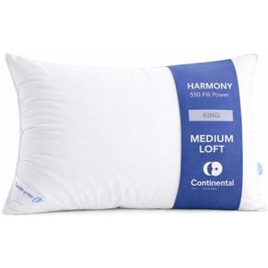 Continental Bedding Harmony White Goose Down Pillow 550 Fill Power Medium Loft 100% Cotton 300 Thread Count Shell King Size 1 Pack Made in USA