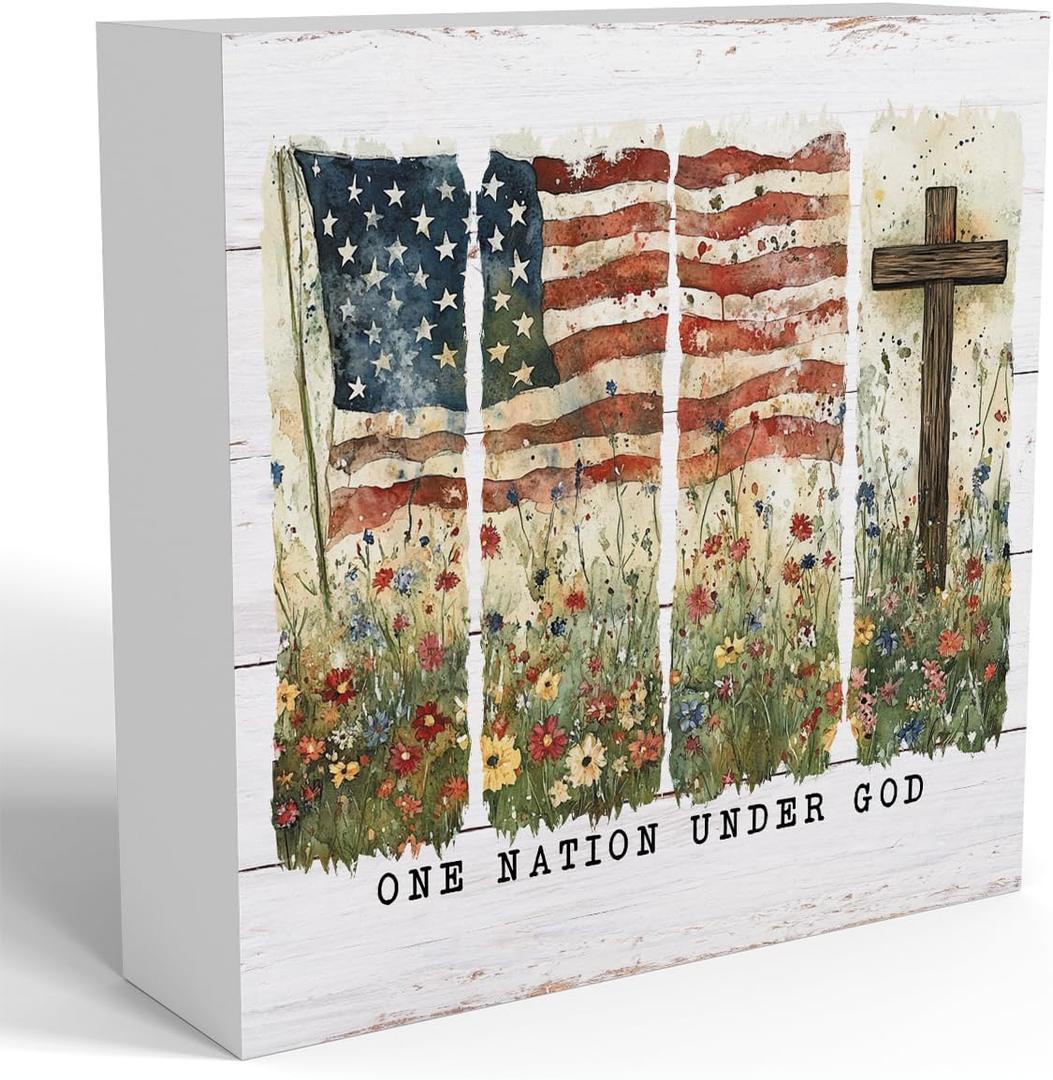 4th of July Decorations, Independence Day Patriotic Decorations, Memorial Day Decor, Red White And Blue Decor, Rustic Farmhouse American Flag Wildflowers Wooden Box Sign for Office Home Bedroom Table