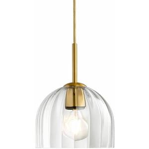 Lighten Chance Modern Pendant Light Kitchen Island, 7.86" Bell Lamp Shape Hanging Ceiling Lighting Fixture with Clear Striped Glass Lampshade Dining Room, Warm Brass Finish