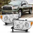 Headlight Assembly Pair for 2007-2013 Toyota Tundra (with/without Level Adjuster)/2008-2017 Toyota Sequoia Headlamps Head Lights Replacement Driver and Passenger Side,Chrome Housing Amber Reflector