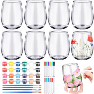 Pickmesh Paint Your Own Wine Glass Crafts Glass Painting DIY Markers Acrylic Paint with Brushes to Design Your Own Personalized Craft (8,Stemless), 16 ounces