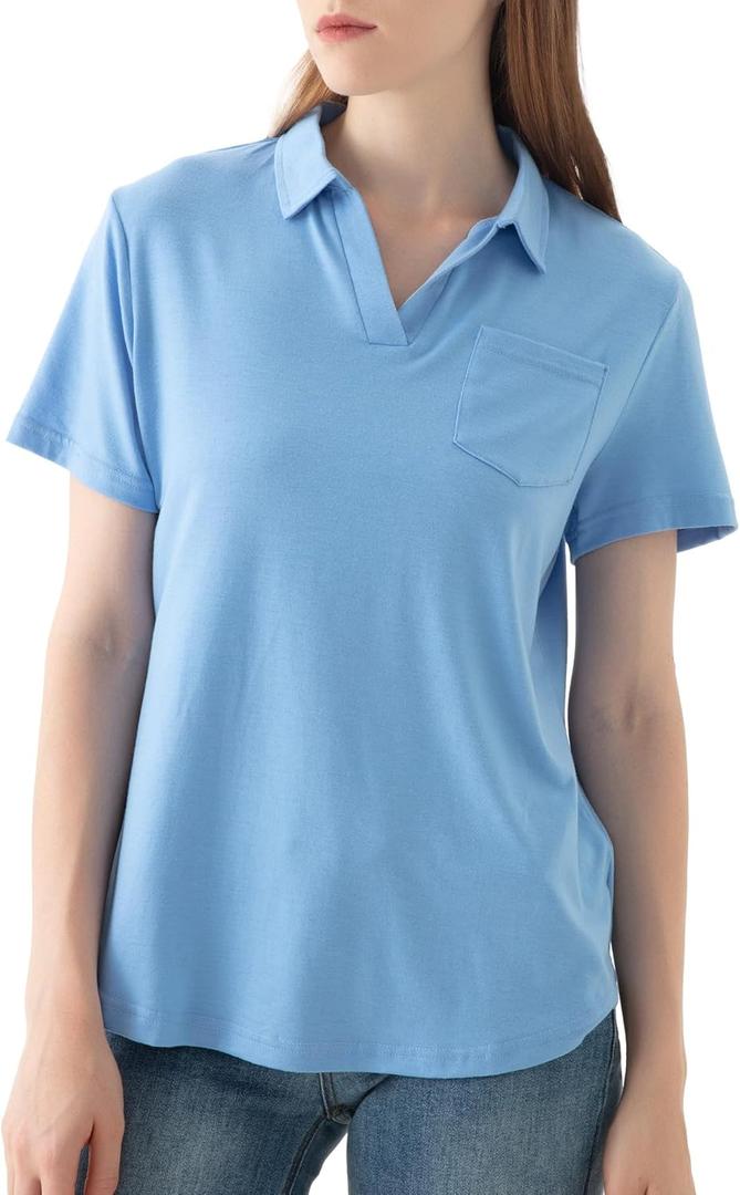 Women's V-Neck Ruffle Design Polo Shirts Short Sleeve Collared Loose Casual Tunic Blouses with Pocket (Blue, L)