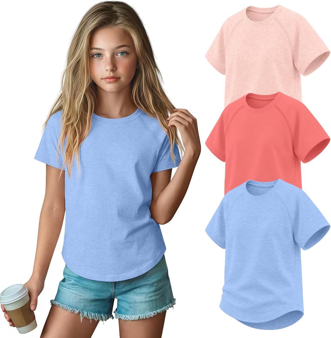 3 Pack Girls' Short Sleeve T-Shirts Loose Fit Crew Neck Tops Raglan Curve Hem Shirts Casual Kids Basic Tees 5-14Y