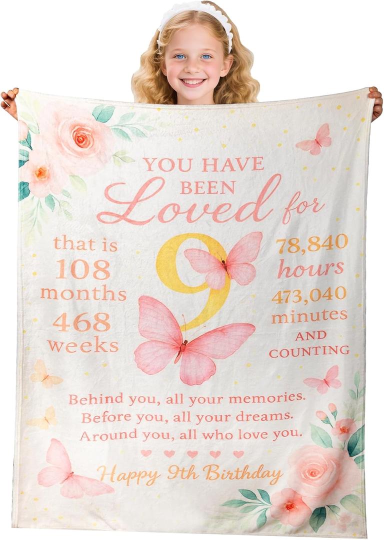 9th Birthday Blanket for Girls  50"x40" Soft Flannel Throw  Cute Birthday Gifts for 9 Year Old Girl  Trendy Present for Girls Age 9  Cozy Lightweight Anti-Pilling Blanket for Kids