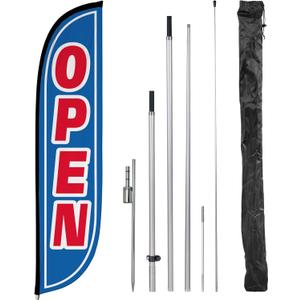LookOurWay Feather Flag Pole Kit - 12 Feet Tall Advertising Flag Banner with Fiberglass Pole Kit and Ground Spike for Business Promotion - Grand Opening Flags - Open Blue & Red (10M1200107)