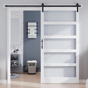 48x96 Inch Glass Sliding Barn Door Slab and 8ft Hardware Kit Included, 5 Frosted Glass, LVL Wood Panel Covered with White Water-Proof Scratch-Proof PVC Surface, Simple DIY Assembly, 48"x96" Doors + 8' Track Kit