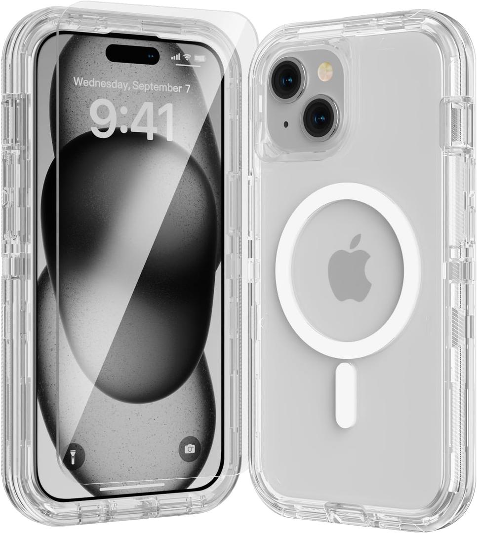 for iPhone 13 Pro Max Case, Fits Magsafe,Heavy Duty Shockproof Protection Phone Cases with Screen Protector*1, Magnetic Transparent Protective Cover for iPhone 13 ProMax 6.7 '
