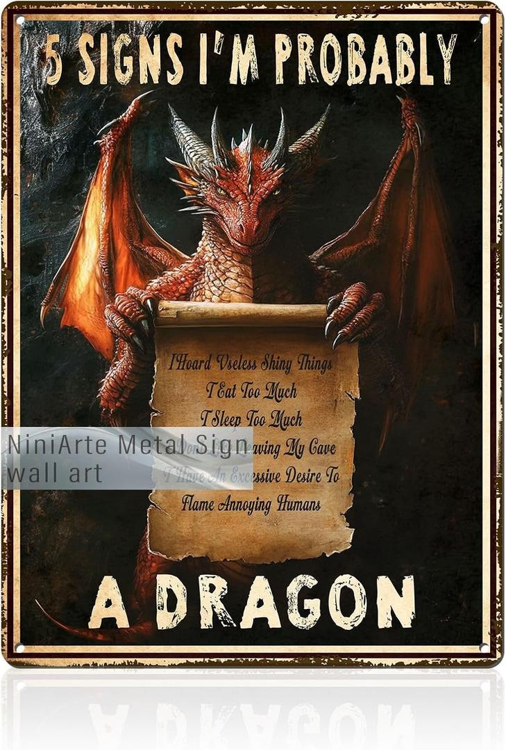 2 x Dragon Signs Bookshelf Decor 5 Signs I'm Probably A Dragon Vintage Wall Art Decor for Home Office Library Cafe Book Lovers 12x16inch