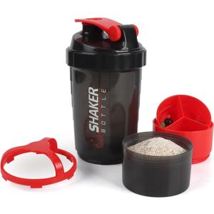 Shaker Bottle,16oz Protein Shaker Bottles with Mixing Ball, 3 in 1 Leak-proof GYM Shake Cup with Powder Storage & Pill Tray, Ideal for Workout,BPA FreeRed