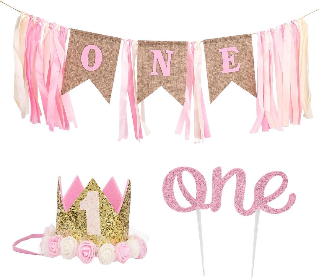 First Birthday Decorations, High Chair Banner Glitter 1st Cake Topper & Party Hat Set Pink Floral One Year Old Birthday Highchair Party Supplies for Photo Backdrop