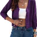 Kate Kasin Women's Cropped Cardigan Sweaters Trendy Lightweight 3/4 Sleeve Button Down Crochet Textured Shrugs Top (Medium, Eggplant)